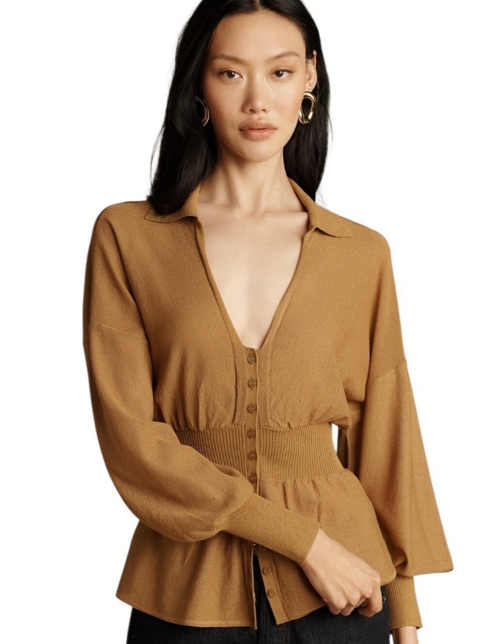By Anthropologie Long Sleeve V-Neck Waisted Sheer Sweater Sz S Office Casual